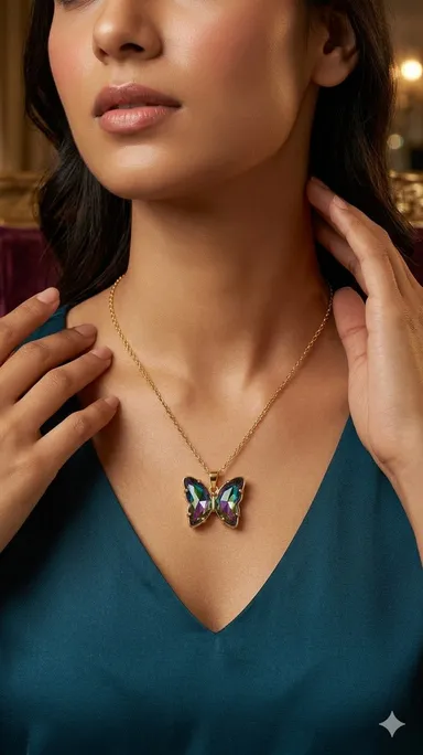 Butterfly Pendant Necklace, Rainbow Crystal, Gold-Tone Chain, Anti-Tarnish, Waterproof and Sweat Resistant Chain Pendant for Women and Girls thumbnail 6