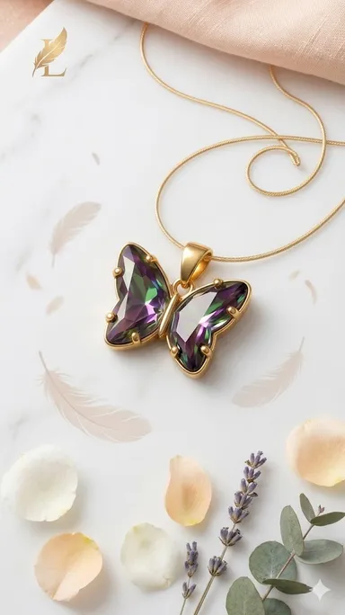Butterfly Pendant Necklace, Rainbow Crystal, Gold-Tone Chain, Anti-Tarnish, Waterproof and Sweat Resistant Chain Pendant for Women and Girls thumbnail 7