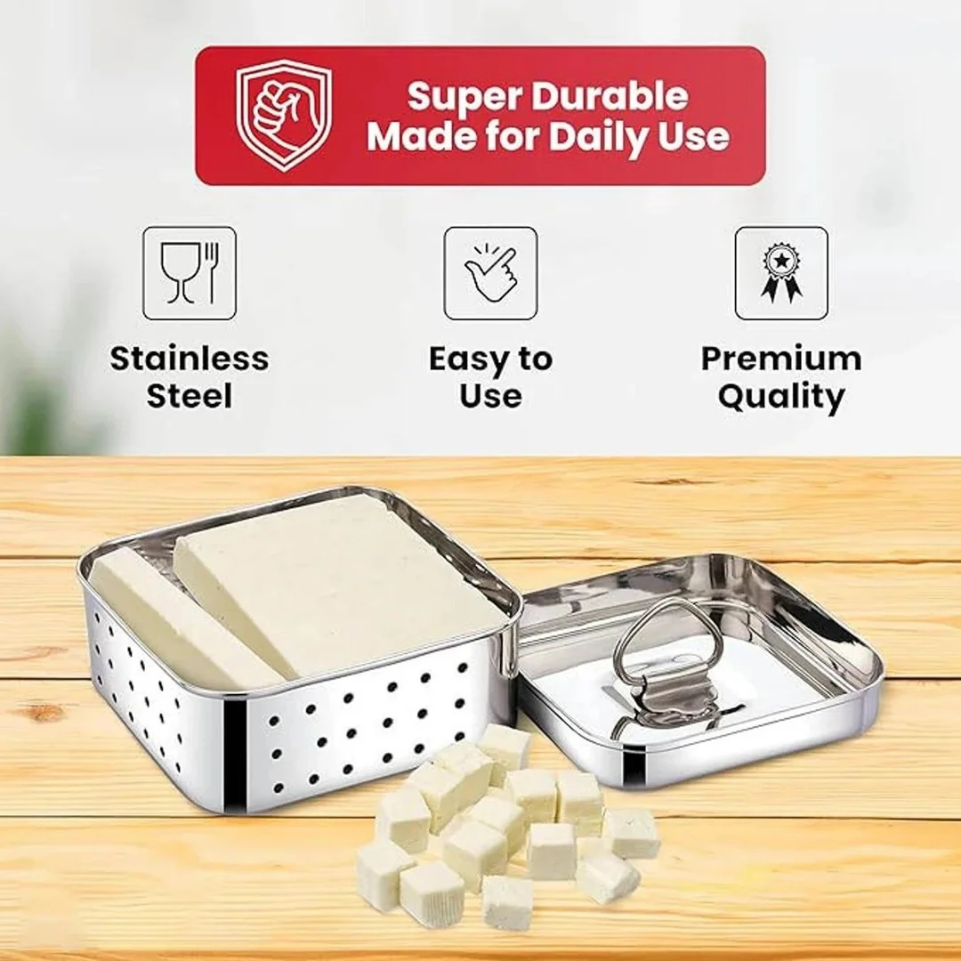 grahsankalp Stainless Steel Paneer Maker 500ml Square Shape Tofu Press Colander with Strainer Lid | Multipurpose Homemade Paneer Cheese Maker Mould | Food Grade Steel Collapsible Colander for Kitchen image 3