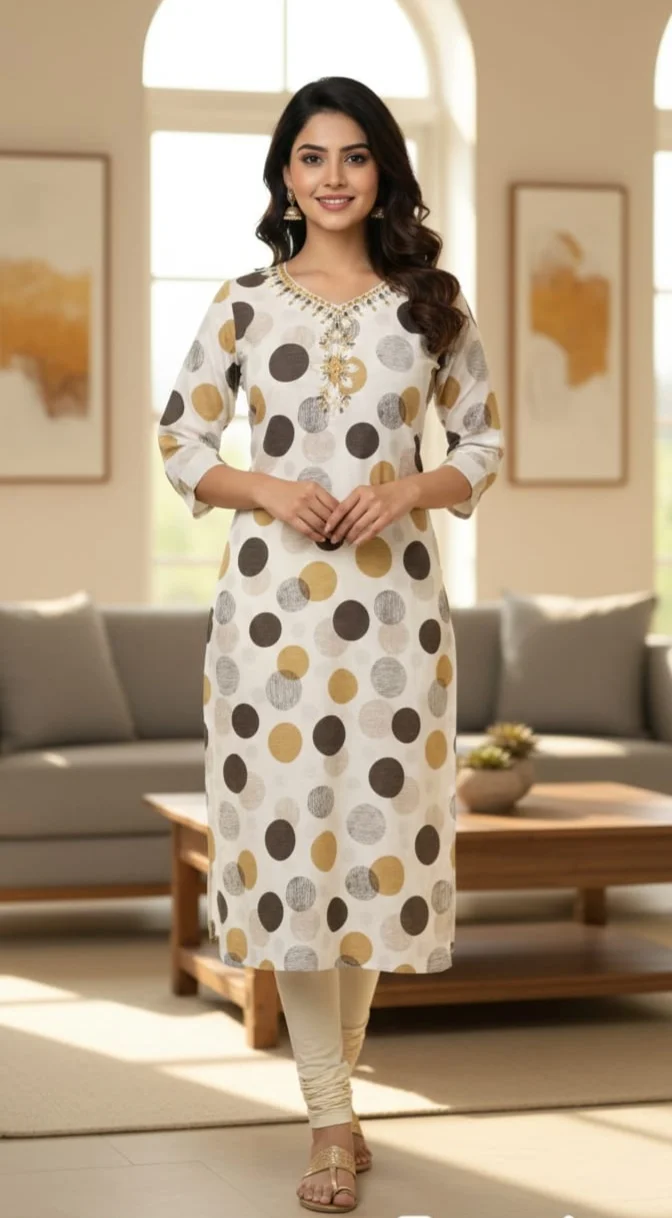 Grahsankalp Women’s White Printed Cotton Kurti with Gold & Brown Polka Dot Design | Straight Ethnic Kurta for Women | Casual Daily Wear Office Wear Festive Traditional Indian Kurta Dress White, Gold, Brown L image 1