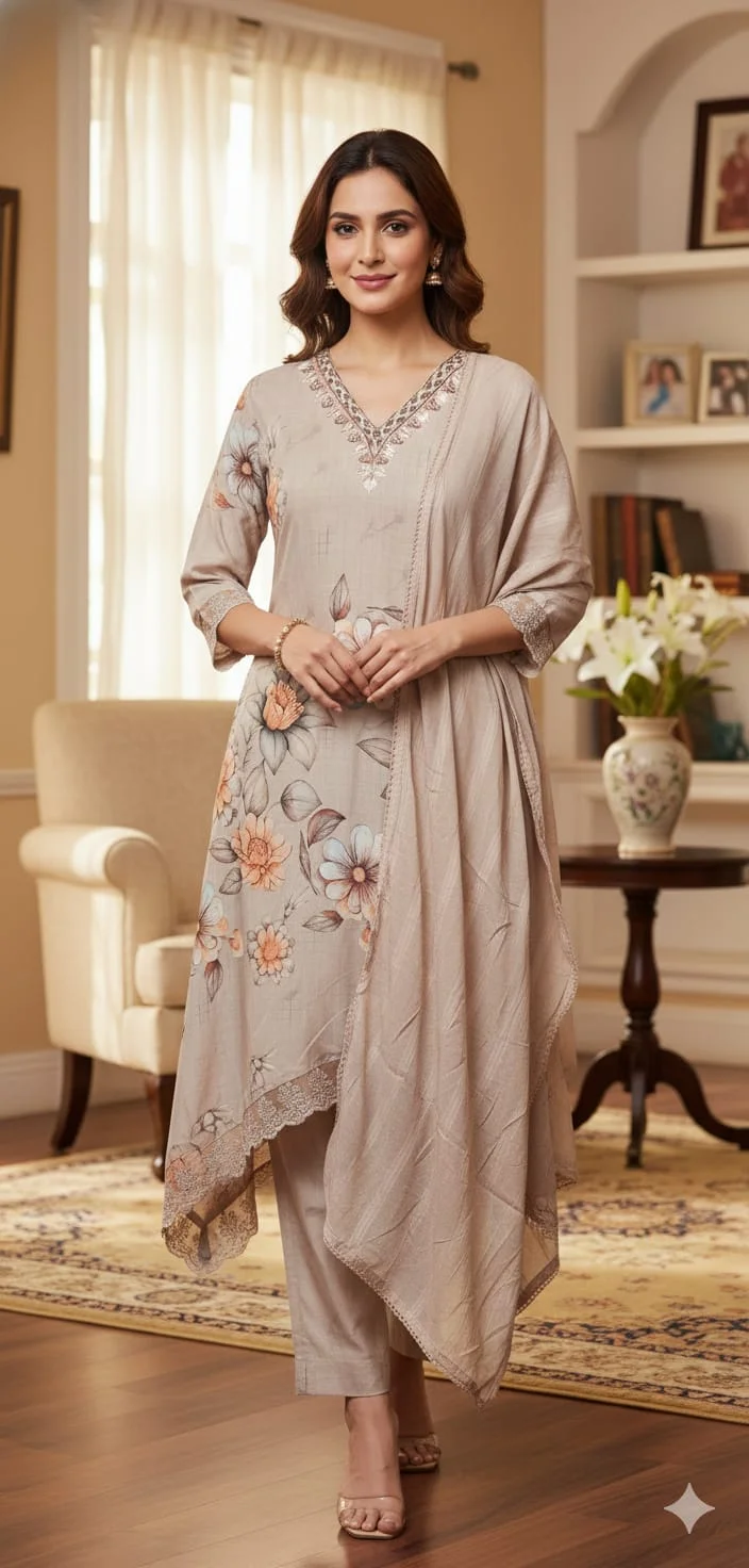 Grahsankalp Women’s Beige Floral Printed Kurta Pant Dupatta Set | Elegant Straight Ethnic Suit for Women | V Neck Embroidered Casual Office Wear Festive Traditional Indian Salwar Kurti Set Beige M image 1