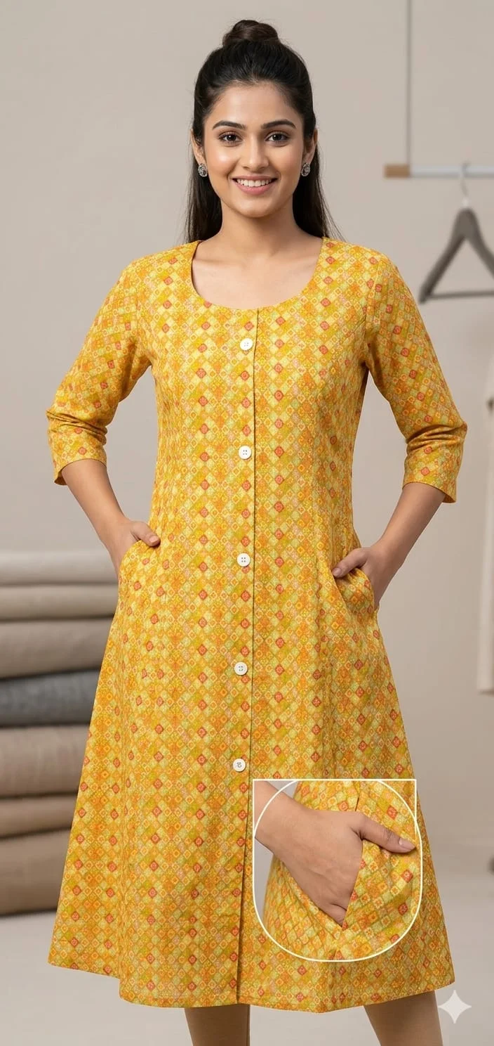 Grahsankalp Women’s Yellow Printed Cotton A-Line Kurti Dress with Front Button Design & Side Pockets | Casual Ethnic Kurta for Women | Daily Wear Office Wear Traditional Indian Midi Kurti Dress Yellow M image 1