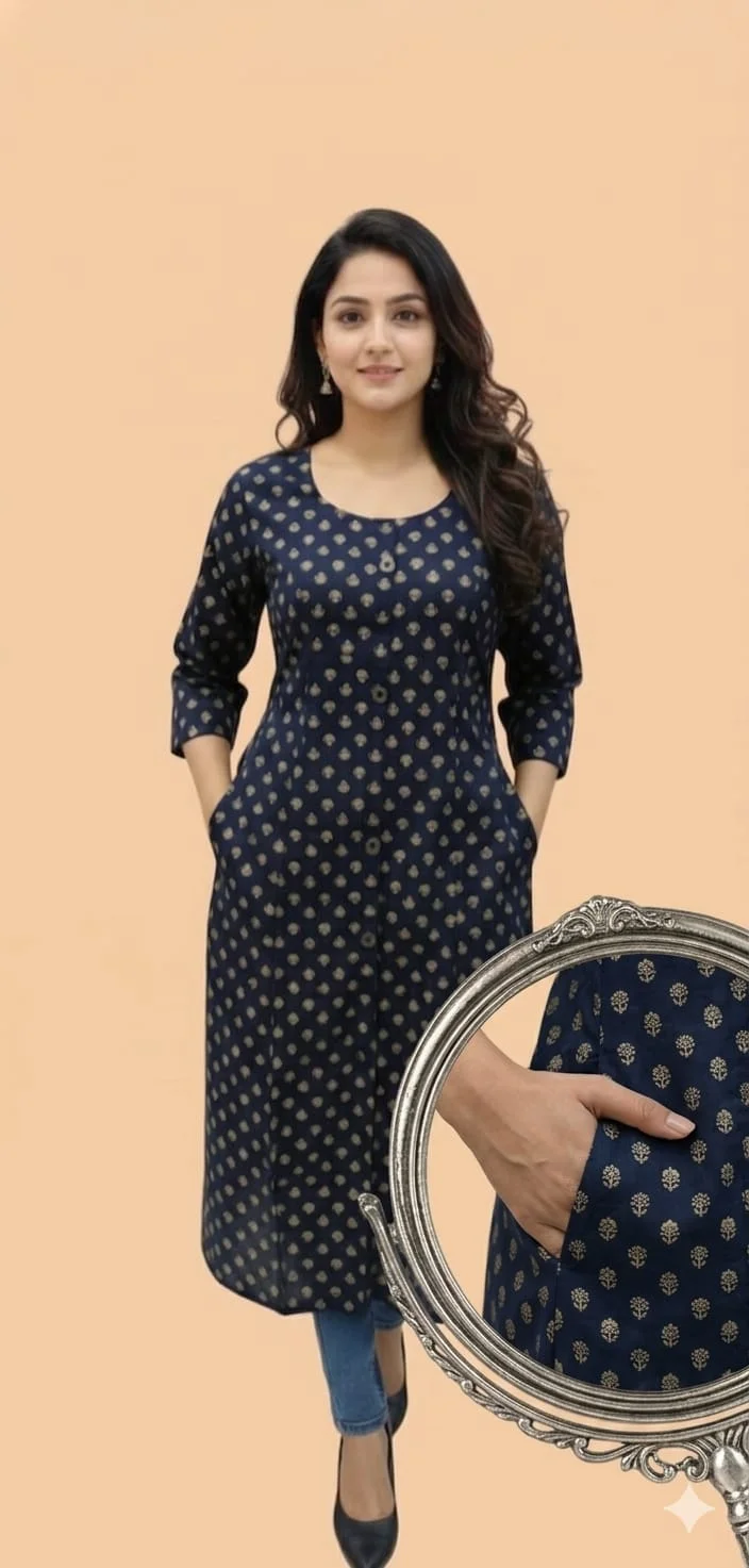 Grahsankalp Women’s Navy Blue Gold Printed A-Line Cotton Kurti with Side Pockets | Elegant Ethnic Kurta Dress for Women | Casual Office Wear Daily Wear Traditional Indian Long Kurta Tunic Navy Blue XXL image 1