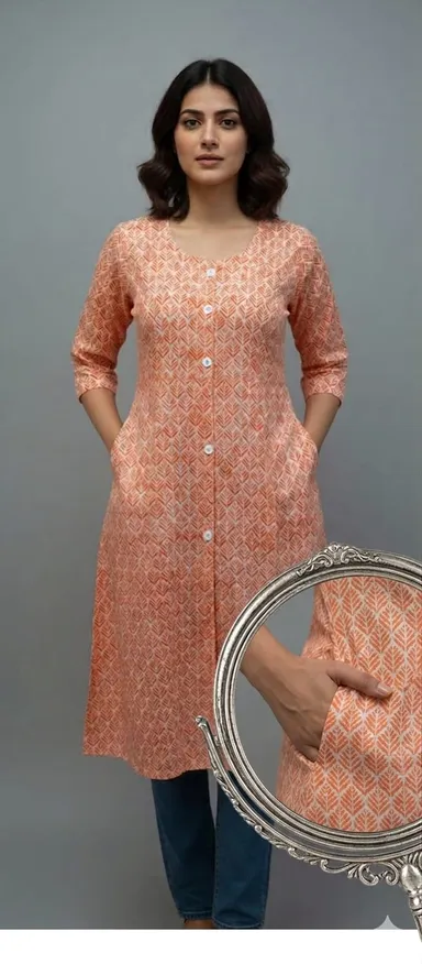 Women’s Peach White Geometric Leaf Print Cotton Kurti with Side Pockets Front Button Detail A-Line Ethnic Kurta for Women Casual Daily Wear Office Wear Traditional Indian Kurti Tunic Peach & White L thumbnail 0