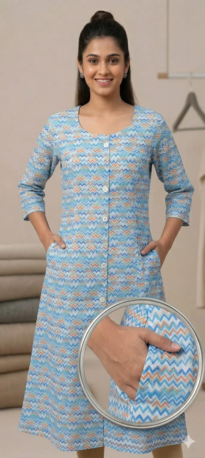 Women’s Blue Multicolor Zig-Zag Chevron Printed Cotton Kurta with Functional Side Pockets & Front Button Detail | Casual Ethnic Kurti for Women | Office Wear Daily Wear Traditional Indian Straight Kurta Tunic Blue & Multicolor M image 1