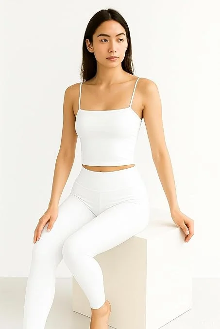 Women’s Lightly Padded Spaghetti Strap Crop Top | Stretchable Seamless Camisole Bra (Black) White (Solid) 28A image 2