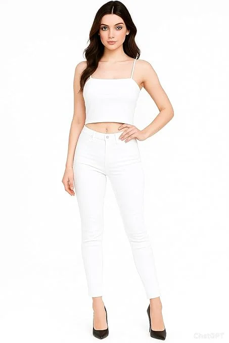 Women’s Lightly Padded Spaghetti Strap Crop Top | Stretchable Seamless Camisole Bra (Black) White (Solid) 28A image 3