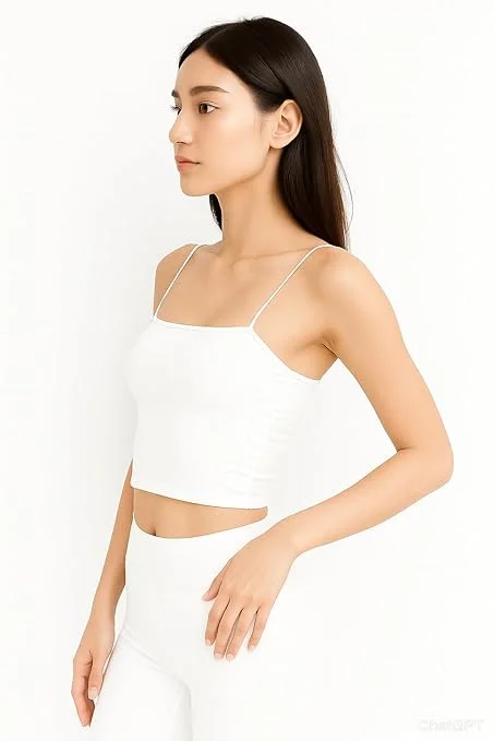 Women’s Lightly Padded Spaghetti Strap Crop Top | Stretchable Seamless Camisole Bra (Black) White (Solid) 28A image 4