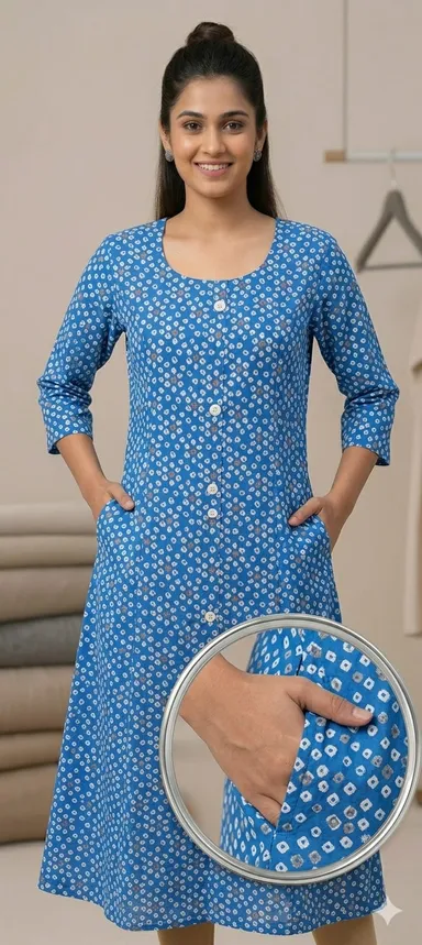 Women’s Blue Bandhani Print Cotton A-Line Kurti with Front Button Design, Three Quarter Sleeves, Dual Side Pockets for Casual, Office & Daily Ethnic Wear Blue XXL thumbnail 0