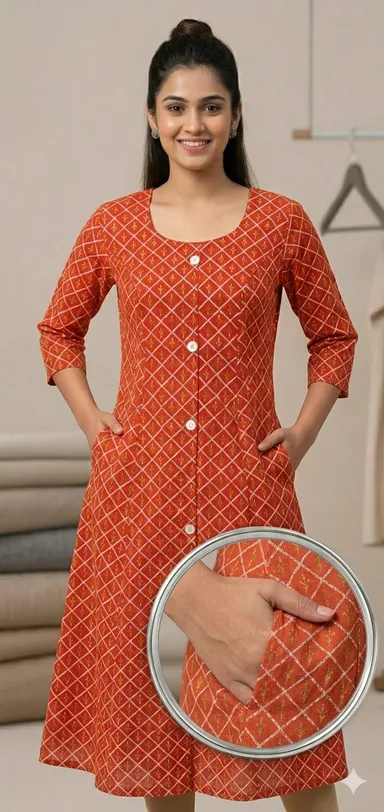 Women’s Rust Orange Geometric Jaal Print Cotton A-Line Kurti with Front Button Closure, 3/4 Sleeves, Functional Side Pockets, Ethnic Daily Wear Kurta Dress for Office Casual Festive Wear India Orange XL thumbnail 0