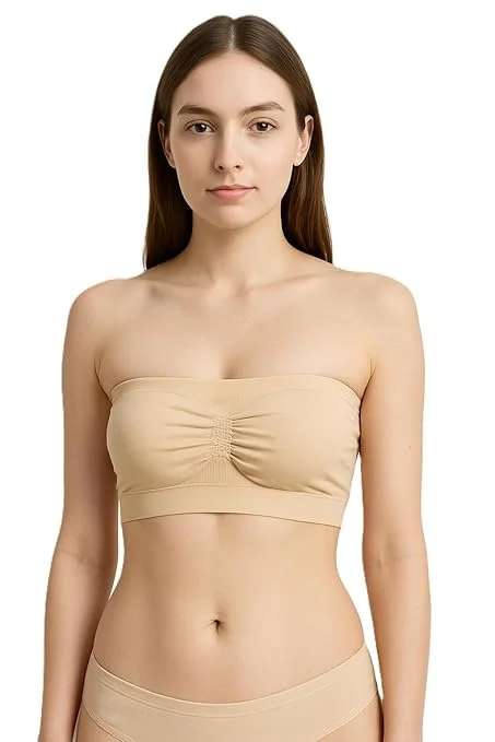 Women’s Seamless Padded Tube Bra | Strapless Bandeau with Removable Pads (White) Nude Beige 30A image 5