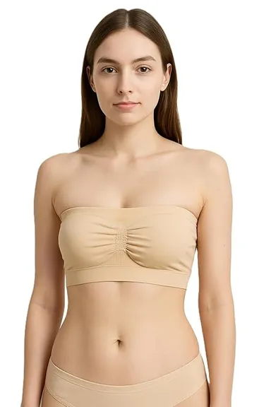 Women’s Seamless Padded Tube Bra | Strapless Bandeau with Removable Pads (White) Nude Beige 30A thumbnail 4