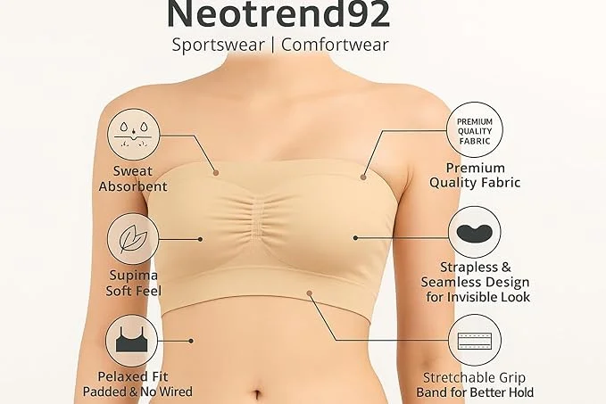 Women’s Seamless Padded Tube Bra | Strapless Bandeau with Removable Pads (White) Nude Beige 30B image 3