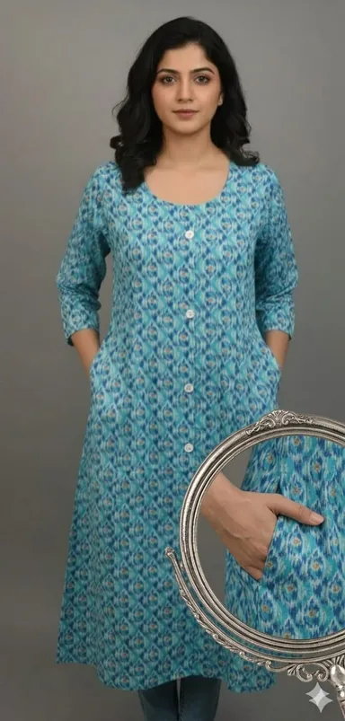 Women’s Turquoise Blue Ikat Print Cotton A-Line Kurti with Three-Quarter Sleeves, Front Button Placket & Side Pockets | Casual Ethnic Daily Wear Kurta Dress multi Aqua L thumbnail 0