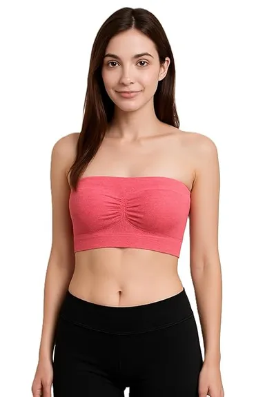 Women’s Seamless Padded Tube Bra | Strapless Bandeau with Removable Pads (White) Coral Pink 28B thumbnail 1