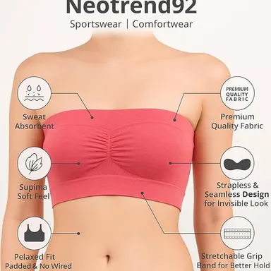 Women’s Seamless Padded Tube Bra | Strapless Bandeau with Removable Pads (White) Coral Pink 30B thumbnail 1