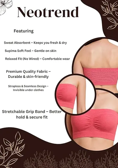 Women’s Seamless Padded Tube Bra | Strapless Bandeau with Removable Pads (White) Coral Pink 30B thumbnail 3
