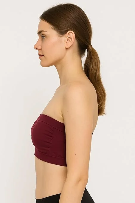Women’s Seamless Padded Tube Bra | Strapless Bandeau with Removable Pads (White) Women Wine Red 30B image 3