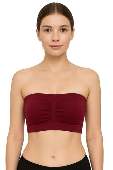 Women’s Seamless Padded Tube Bra | Strapless Bandeau with Removable Pads (White) Women Wine Red 30B thumbnail 0