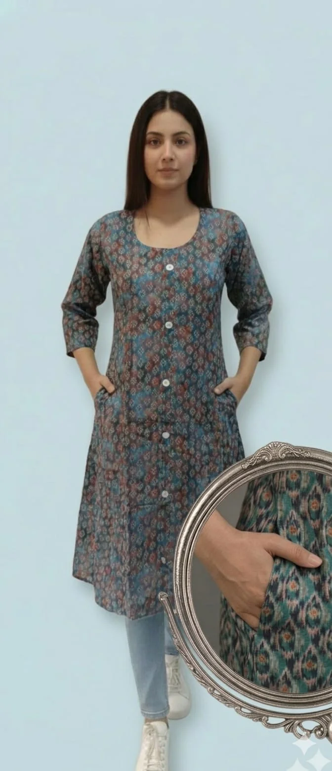 Women’s Multicolour Ikat Print Cotton A-Line Kurti for Women with 3/4 Sleeves Front Button Detail Dual Side Pockets Casual Ethnic Kurta Daily Wear Office Wear Traditional Indian Long Kurti Tunic Dress Multicolour M image 2