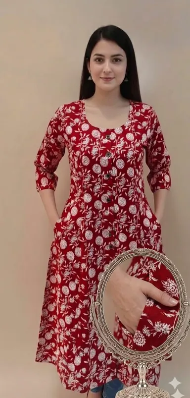 Women’s Maroon Floral Jaal Print Cotton A-Line Kurti with Three-Quarter Sleeves, Front Decorative Buttons, Functional Side Pockets, Ethnic Daily Wear Comfortable Kurta for Office Casual Summer Wear Red M thumbnail 1
