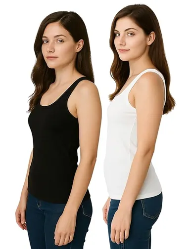 Women’s Regular Fit Ribbed Cotton Tank Top Camisole / Multi-Purpose Summer Undershirt Vest (Pack of 2 – Black & White) Black S thumbnail 2