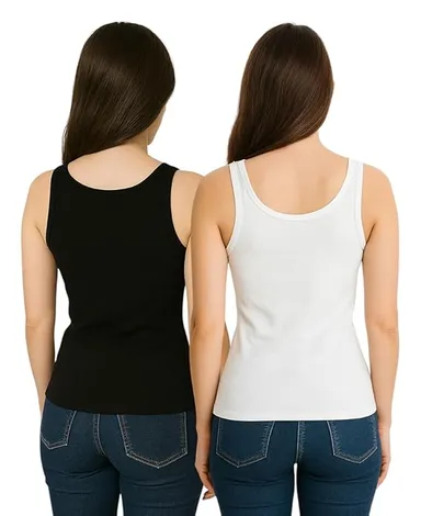Women’s Regular Fit Ribbed Cotton Tank Top Camisole / Multi-Purpose Summer Undershirt Vest (Pack of 2 – Black & White) Black S thumbnail 0