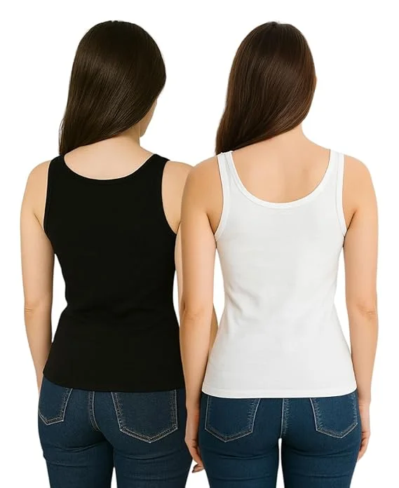 Women’s Regular Fit Ribbed Cotton Tank Top Camisole / Multi-Purpose Summer Undershirt Vest (Pack of 2 – Black & White) Black L image 2