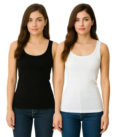 Women’s Regular Fit Ribbed Cotton Tank Top Camisole / Multi-Purpose Summer Undershirt Vest (Pack of 2 – Black & White) Black L thumbnail 0
