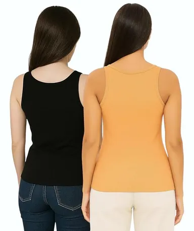 Women’s Regular Fit Ribbed Cotton Tank Top Camisole / Multi-Purpose Summer Undershirt Vest (Pack of 2 – Black & White) Black |Ribbed Cotton Tank Top S thumbnail 1