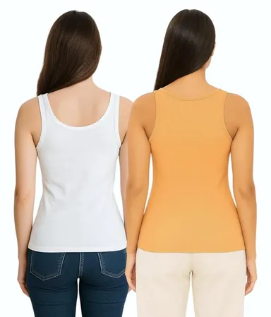 Women’s Regular Fit Ribbed Cotton Tank Top Camisole / Multi-Purpose Summer Undershirt Vest (Pack of 2 – Black & White) White & Peach Combo (Pack of 2) M thumbnail 2