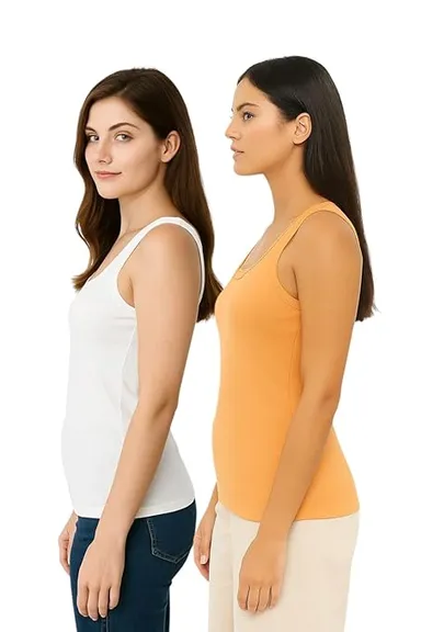 Women’s Regular Fit Ribbed Cotton Tank Top Camisole / Multi-Purpose Summer Undershirt Vest (Pack of 2 – Black & White) White & Peach Combo (Pack of 2) XL thumbnail 3
