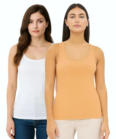 Women’s Regular Fit Ribbed Cotton Tank Top Camisole / Multi-Purpose Summer Undershirt Vest (Pack of 2 – Black & White) White & Peach Combo (Pack of 2) S thumbnail 3