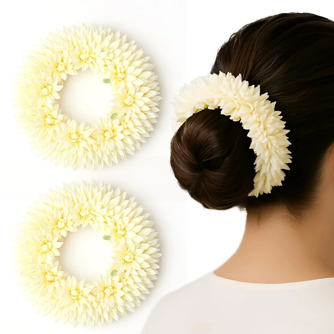 Scented Mogra Gajra Hair Accessories for Women Girls Artificial White Flower Bun Gajra Scrunchies Rubber Band Premium Voluminous Hair Juda Accessories Pack of 2 image 1