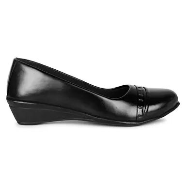 Women’s Formal Black Synthetic Leather Wedge Pumps Shoes with Decorative Toe Strap Comfortable Low Heel Office Wear Work Wear Daily Use Slip On Fashion Footwear for Women Black 3 UK thumbnail 1