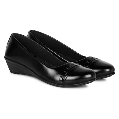 Women’s Formal Black Synthetic Leather Wedge Pumps Shoes with Decorative Toe Strap Comfortable Low Heel Office Wear Work Wear Daily Use Slip On Fashion Footwear for Women Black 4 UK thumbnail 3