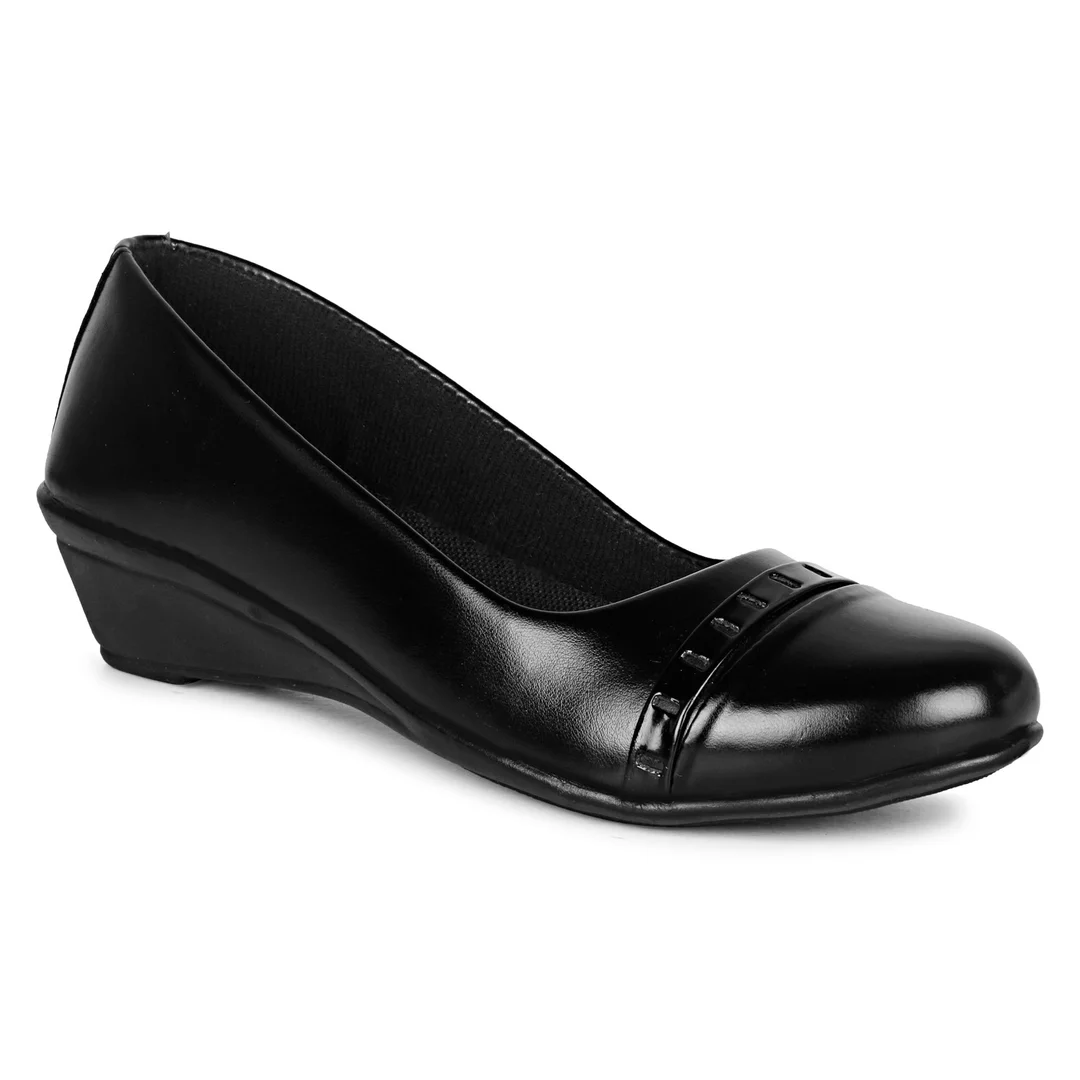 Women’s Formal Black Synthetic Leather Wedge Pumps Shoes with Decorative Toe Strap Comfortable Low Heel Office Wear Work Wear Daily Use Slip On Fashion Footwear for Women Black 5 UK image 1