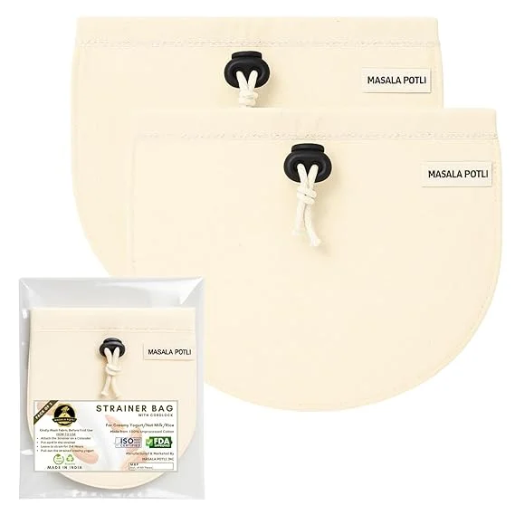 Multipurpose 100% Cotton Masala Potli Strainer Bag Pack of 2 for Hung Curd, Paneer, Yogurt Making, Nut Milk, Cold Brew Coffee, Sprouts, Juice Filtering & Cheesecloth Use Reusable Washable Eco-Friendly Kitchen Filter Cloth Bags image 1