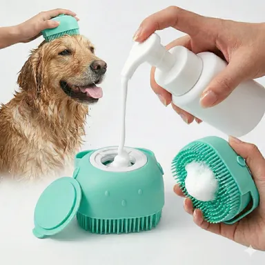 Premium Pet Bath Brush with Shampoo Dispenser | Soft Silicone' Dog & Cat Grooming Brush | Massage Comb for Pets (Multicolor) thumbnail 3