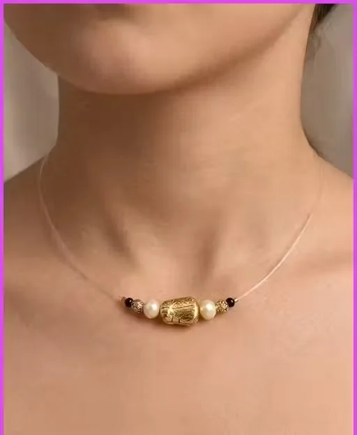 Elegant Gold-Plated Floating Bead Mangalsutra Necklace for Women | Invisible Transparent Chain Choker with Pearl & Black Beads image 2