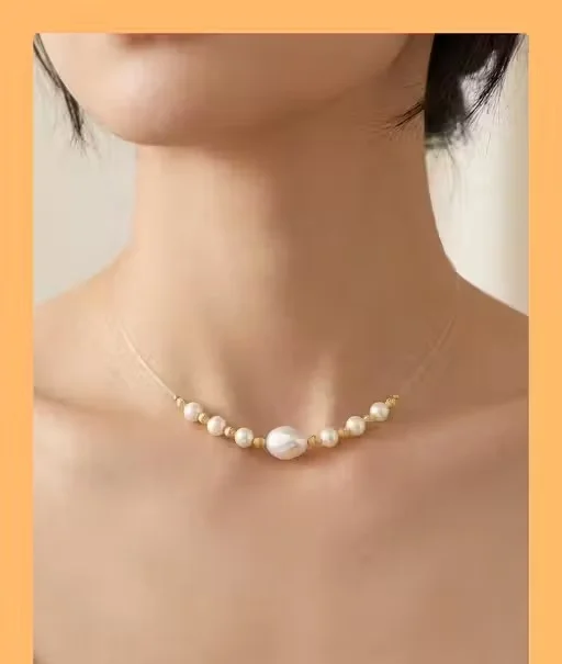 Elegant Invisible Thread Pearl Choker Necklace for Women & Girls | Baroque Pearl Gold-Plated Minimalist Korean Style Floating Jewelry image 2