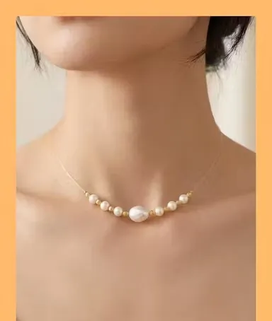 Elegant Invisible Thread Pearl Choker Necklace for Women & Girls | Baroque Pearl Gold-Plated Minimalist Korean Style Floating Jewelry thumbnail 1