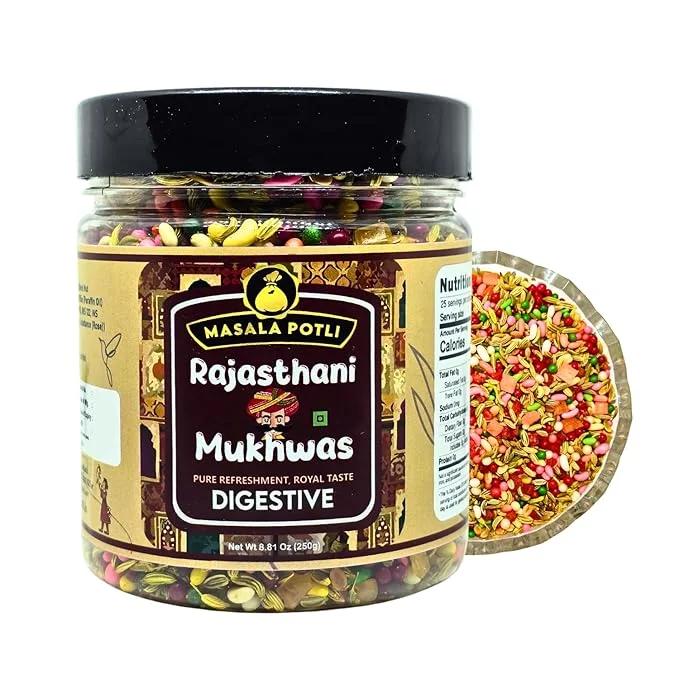 Masala Potli Rajasthani Mukhwas 250g Airtight Jar | Traditional Indian Mouth Freshener & After Meal Digestive Mix | Sweet Minty Saunf Mukhwas | Vegetarian Digestive Refreshener for Gas Bloating & Fresh Breath image 1