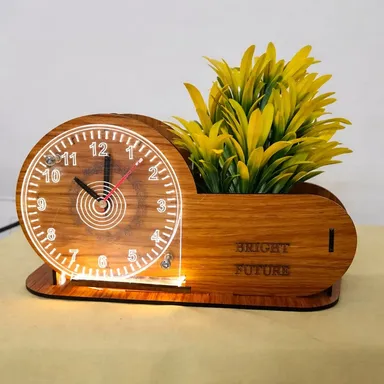 Handcrafted Wooden Analog Desk Clock with Artificial Plant Pot, LED Backlight and Stationery Holder for Office Table Decor | Bright Future Engraved Multipurpose Pen Stand Organizer for Home Office Study Desk thumbnail 0