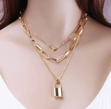 Multi Layered Gold Chain Necklace for Women with Lock Heart Pendants Stylish Fashion Jewellery Party Wear Layered Necklace Set Elegant Gold Finish thumbnail 0