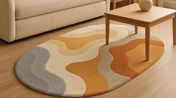 HOME FURNISHING Modern Abstract Oval Area Rug 4x6 Feet Hand Tufted Carpet with Wavy Pattern in Orange Grey Cream for Living Room Bedroom Hallway Luxury Soft Floor Rug for Home Decor image 2