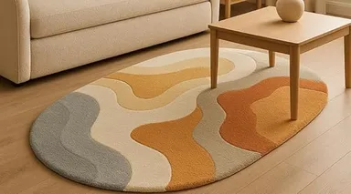 HOME FURNISHING Modern Abstract Oval Area Rug 4x6 Feet Hand Tufted Carpet with Wavy Pattern in Orange Grey Cream for Living Room Bedroom Hallway Luxury Soft Floor Rug for Home Decor thumbnail 1