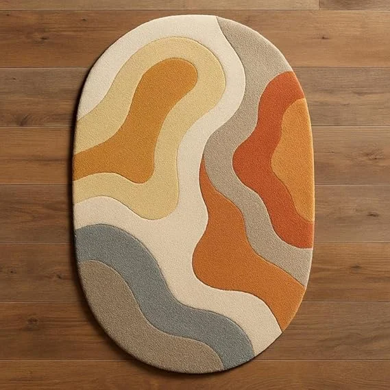 HOME FURNISHING Modern Abstract Oval Area Rug 4x6 Feet Hand Tufted Carpet with Wavy Pattern in Orange Grey Cream for Living Room Bedroom Hallway Luxury Soft Floor Rug for Home Decor image 1