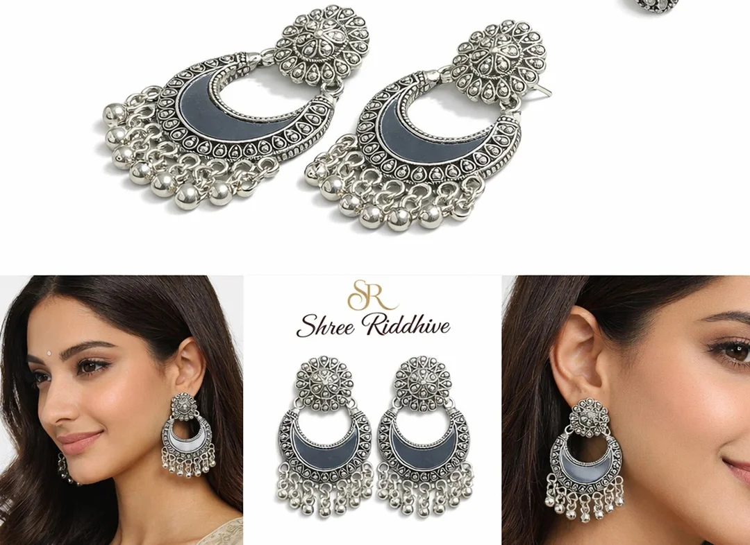 SHREE RIDDHIVE Oxidized Silver Mirror Work Chandbali Earrings for Women & Girls Traditional Alloy Ethnic Party Wear Jhumka Chand Bali Earrings Boho Statement Jewellery for Wedding Festive Casual Daily Wear image 3