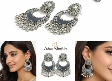 SHREE RIDDHIVE Oxidized Silver Mirror Work Chandbali Earrings for Women & Girls Traditional Alloy Ethnic Party Wear Jhumka Chand Bali Earrings Boho Statement Jewellery for Wedding Festive Casual Daily Wear thumbnail 2